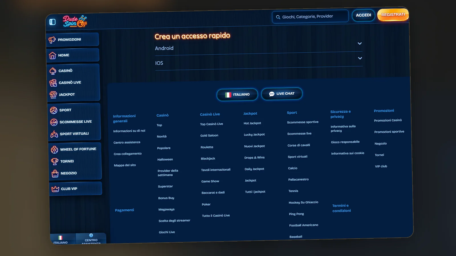 La schermata Crea un accesso rapido sul sito di Dudespin, con le sezioni Android e iOS e il piè di pagina con i link utili