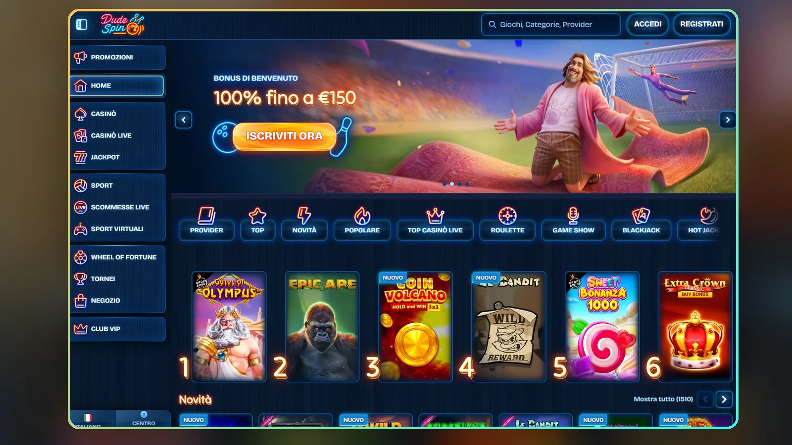 La home di Dudespin con il banner del bonus sport al 100% fino a €150, le categorie sotto lo slider e la fila dei giochi popolari