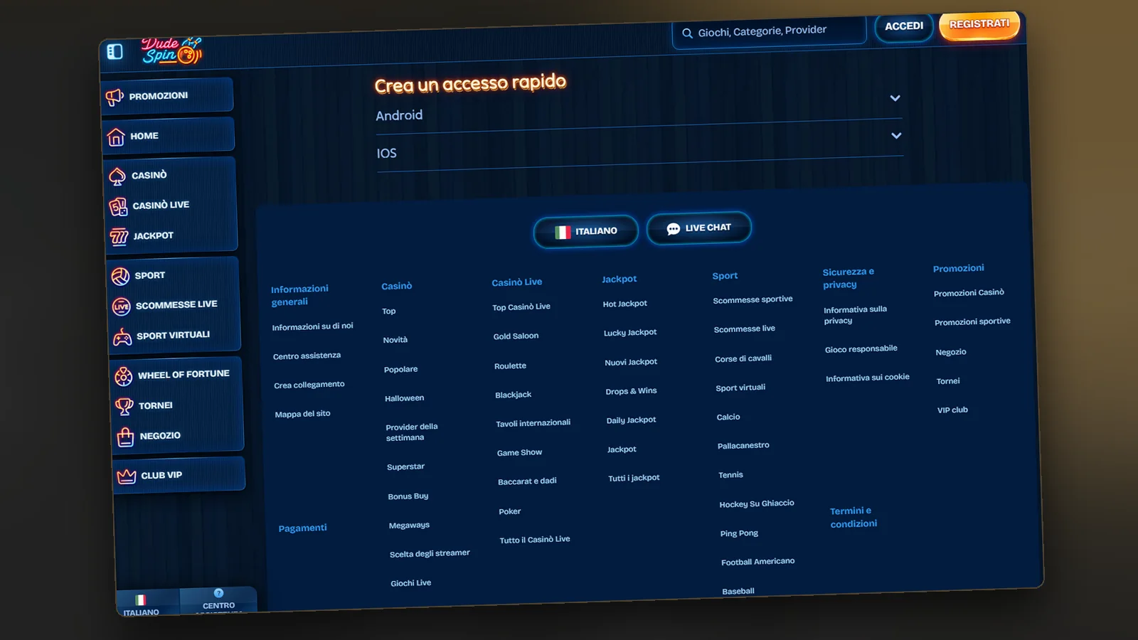 La schermata Crea un accesso rapido sul sito di Dudespin, con le sezioni Android e iOS e il piè di pagina con i link utili