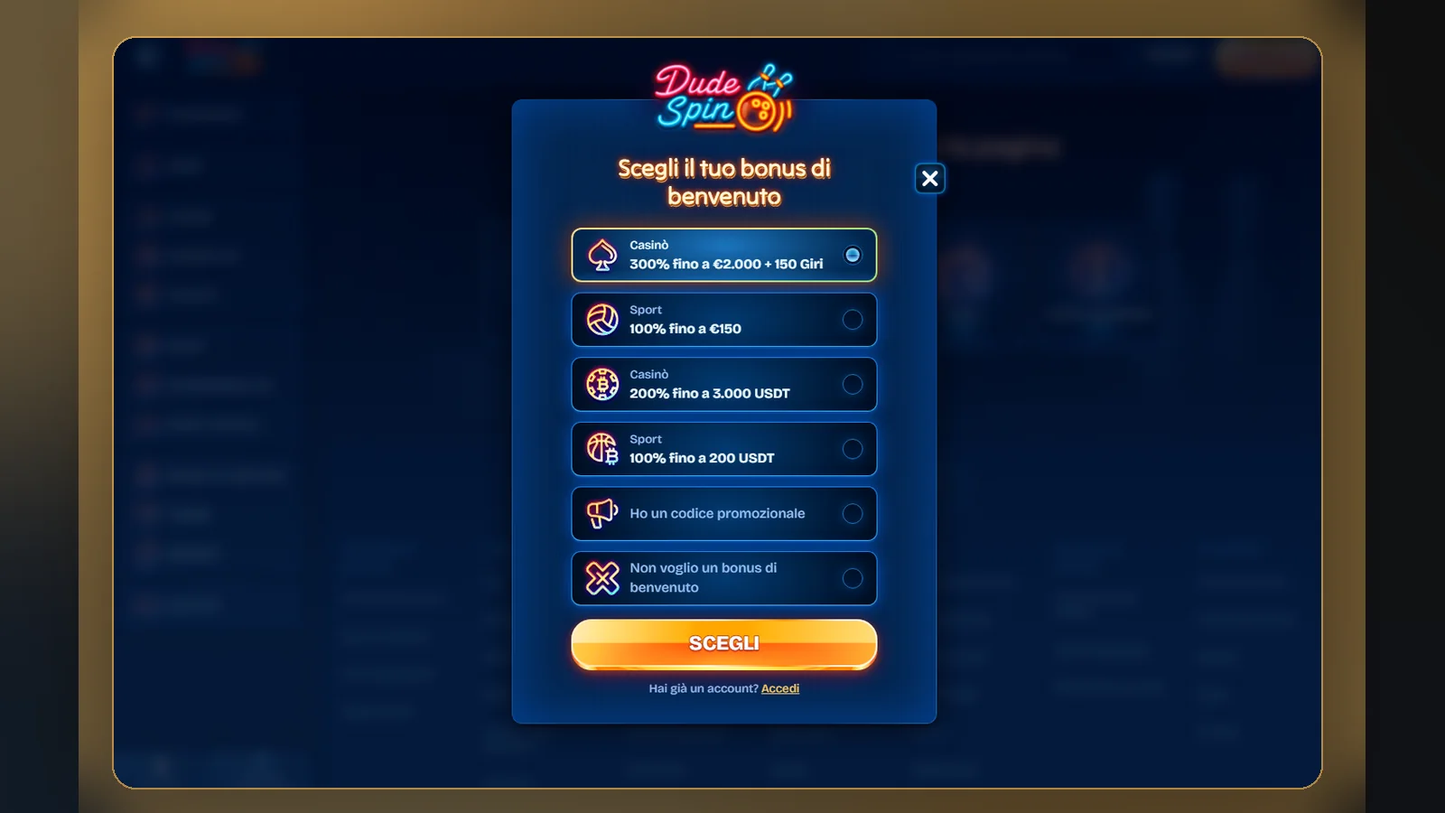 La finestra di scelta del bonus di benvenuto di Dudespin: casinò, sport, versioni cripto, codice promozionale o nessun bonus